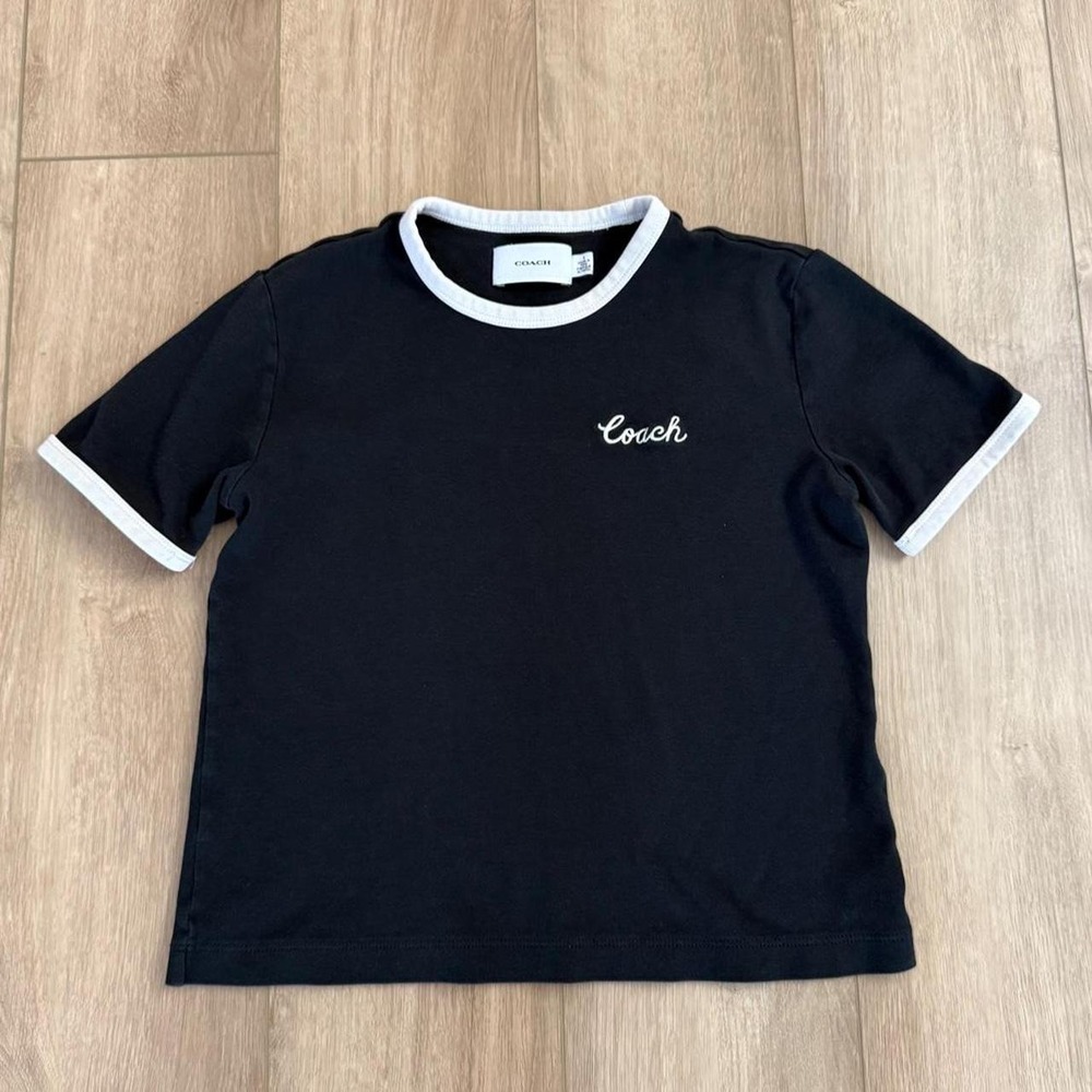 Coach ringer black tee with white trim on collar and sleeves, size S